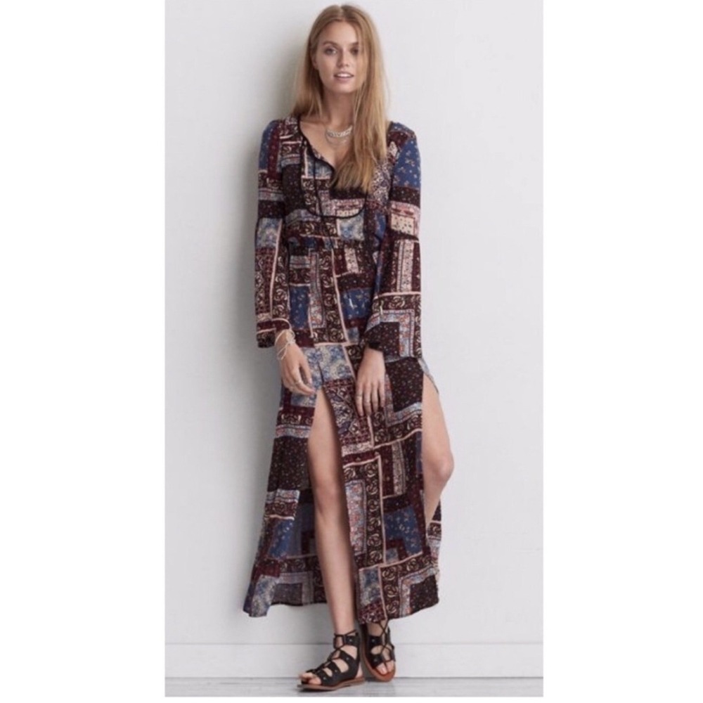 American Eagle Bohemian Patchwork Maxi Dress Long Sleeve Womens Size Large